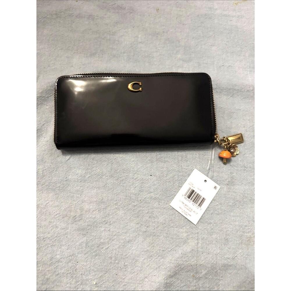 Coach Black Slim Accordion Patent Zip Wallet with Gold Brass Charms